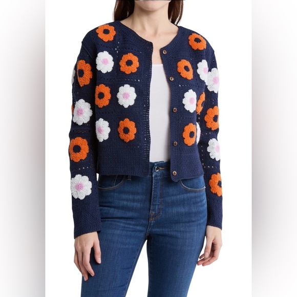 Cotton Emporium Sweaters - Cotton Emporium Flower Patch Button Front Cardigan Sweater Floral NWT S BLUE